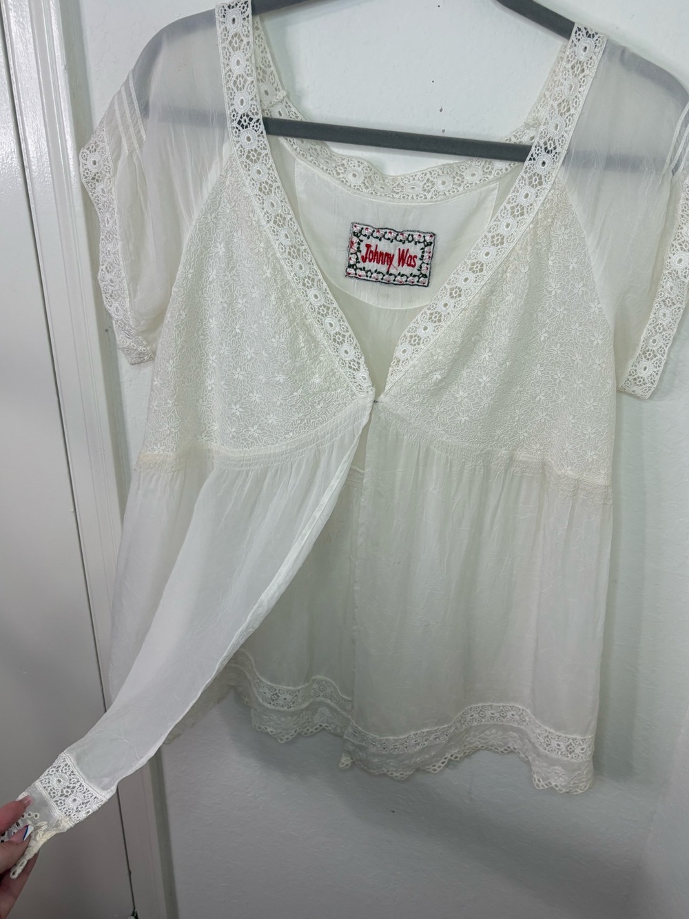 Johnny Was Ivory Embroidered Lace Boho Peasant Blouse Sheer Sleeve Medium - Picture 7 of 16